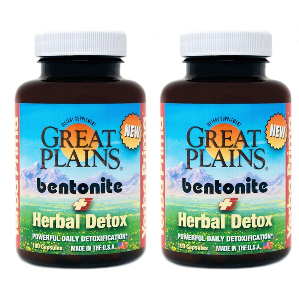 Yerba Prima Great Plains Bentonite Clay Caps Plus Herbal Detox (Pack of 2) - Food Grade - Liver & Colon Cleanse Supplement Capsules