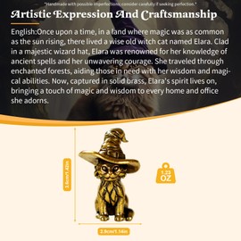 CHOVY Retro Handcrafted Witch Cat Ornament - 100% Solid Brass Desk Decor | Enchanting Feline Sculpture with Wizard Hat Unique Gift for Cat Lovers & Magic Enthusiasts