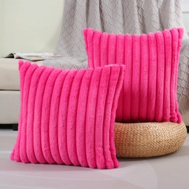 FUTEI Hot Pink Striped Decorative Throw Pillow Covers 16x16 Inch Set of 2,Square Fall Decorations Couch Pillow Case,Soft Cozy Faux Rabbit Fur & Velvet Back,Modern Home Decor for Bed
