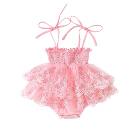 MERSARIPHY Newborn Baby Girl Summer Outfit Sleeveless Ruffle Smocked Halter Tulle Romper Dress One-piece Jumpsuit Clothes(Pink Embroidery,0-3 Months)