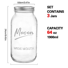 Galssmagic 64 oz Mason Jar Wide Mouth,3 Pack Large Half Gallon Mason Jars with Airtight Lid,Big Glass Jars for Canning,Pickling,Fermenting,Storing
