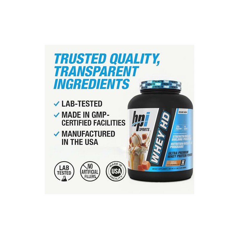 BPI Sports Whey HD Ultra Premium Protein Powder, Vanilla Caramel,