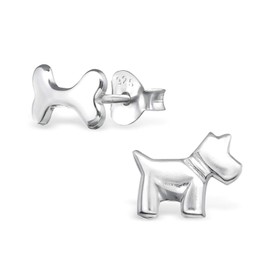 Monkimau Girl's Earrings Dog Stud Earrings Made of 925 Sterling Silver Real Silver with Bone, Sterling Silver, silver