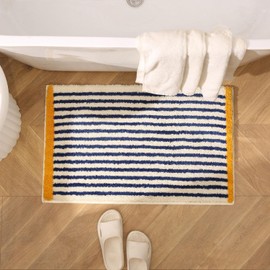 GIB Blue and White Striped Bathroom Rug Mat 32" x 20", Yellow Accent, Extra Soft Absorbent Non-Slip Washable Plush Fluffy Shaggy Microfiber Bath Mat, Aesthetic Runner Rug for Bedroom