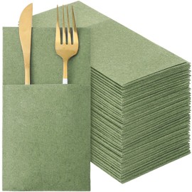 Qilery 50 Pcs Sage Green Disposable Dinner Napkins with Silverware Pocket