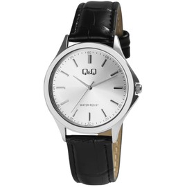Q&Q Men's Watch Faux Leather Strap Pin Buckle 3 Bar Analogue Quartz, Black Silver, Strap.