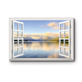 Renditions Gallery Nature Decoration Scenic Window View of Lake Mcdonald in Summer Canvas Artwork Prints for Kitchen Office Wall Hanging - 32"X48" LT03
