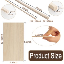 Fumwase 150 Pieces Wood Sticks Hardwood Square Wooden Craft Thin Wood Sheets 1/8 Inch 1/4 Inch x 12 Inch Unfinished Wood Strips Natural Wood Squrae Sticks for Arts Crafts DIY Projects