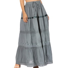 Sakkas 554 Solid Embroidered Gypsy/Bohemian Full/Maxi/Long Cotton Skirt - Gray/One Size