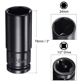 sourcing map 1/2" Drive 24mm 6-Point Deep Sockets 3" Length with 1/2" to 1/4" Hex Shank Adapters Electroplated, CR-V Steel Socket Adapter Accessory Set Kit for Hex Bolts Nuts