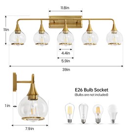 HAHZT Gold Bathroom Vanity Light 5-Lights Bathroom Light Fixtures Over Mirror with Clear Glass Shade 39.2 inch Wall Sconce Lighting Bath(Exclude E26 Bulb)