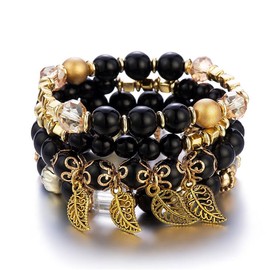 Jovono Boho Beaded Stackable Bracelets Chain Layered Elastic Leaf Hand Chains Vintage Beads Bangles Bracelet Set for Women(4PCS) (black)