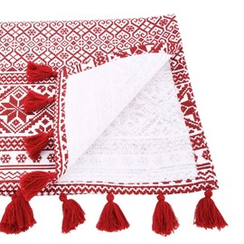 Fennco Styles Nordic Christmas Pattern Tassel Cotton Table Runner 16 x 120 Inch - Red Table Cover for Home, Holiday Décor, Family Gathering and Special Events