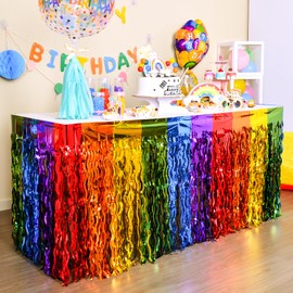 LOLStar Rainbow Party Decorations, 4 Pack Wavy Metallic Tinsel Foil Fringe Table Skirts, Perfect Table Decors for Birthday Holiday Wedding Engagement Bridal Shower Unicorn Pride Party Cartoon Party
