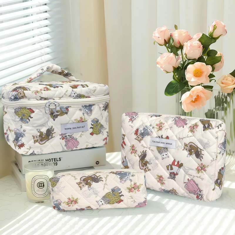 3 Piece Cute Cat Animal Print Cotton Quilted Makeup Bag