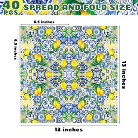 40Pcs Tiles Lemons Paper Napkins Tiles Lemons Theme Party Supplies Tableware Blue Tiles Lemon Party Paper for Lemons Theme Birthday Party Decorations 6.5 Inch