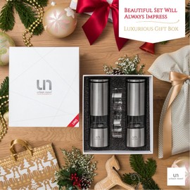 Salt and Pepper Grinder Set - Stainless Steel Pepper Grinder and Salt Grinder with Tray in Luxurious Gift-Box - Manual Mills with Ceramic Grinders and Adjustable Coarseness (Set of 2 plus Tray)