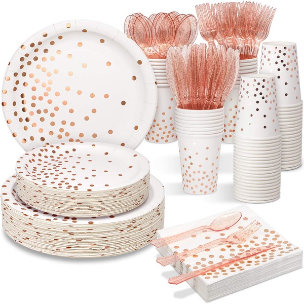 Partylamb White & Rose Gold Party Supplies, 350 PCS Disposable Dinnerware Set with Plates Napkins Cups Forks Knives Spoons for Birthday Baby Bridal Shower Valentine Wedding Party(A1.White & Rose Gold)