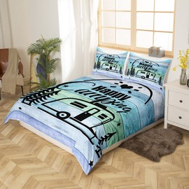 Camper Bed Linen, 135 x 200 cm for Boys, Children, Teenagers, Happy Camping Bed Linen, Rustic Duvet Cover in Country House Style, Duvet Cover for Old Barn Doors, Black Sketch Drawing, Ultra Soft Bed
