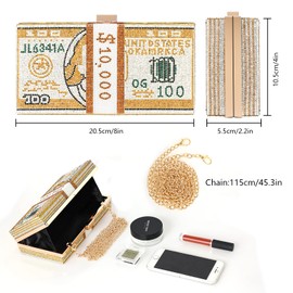 WJCD Money Clutch Purses Rhinestone Crossbody Purse Unique Evening Clutch Handbag Shoulder Bag Money Purses Crossbody Bag (Gold)