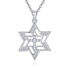 TANGPOET Star of David Necklace Jewish Delicate 925 Sterling Silver Cubic Zirconia CZ Star Pendant Star of David Jewellery Gifts for Women Girls, Sterling Silver
