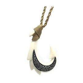 Hawaiian Jewelry Hand Carved Tattoo Fish Hook White Buffalo Bone Hawaii Necklace
