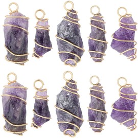 BEAMARKER 20Pcs Natural Amethyst Pendant Bulk Irregular Amethyst Charms 18K Gold Plated Copper Wire Wrapped Pendants Natural Stone Crystal Gemstone Charm for Jewelry Making Necklace Earring