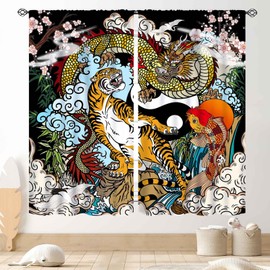 Dragon Tiger Curtains, Japanese Asian Style Chinese Dragon Tiger Fight Anime Aesthetic Blackout Window Drapery Treatments for Bedroom Living Room Bathroom, 42"x45" Inch