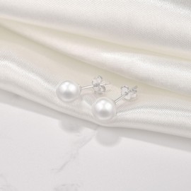 Dalaran sterling silver white pearl stud earrings for women, girls, hypoallergenic Christmas gift 6/7/8 mm, multiple use., Silver, 6 mm