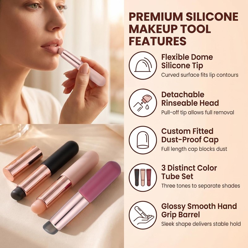 3 Pcs Silicone Round Head Lip Brushes Applicator with Cover