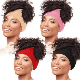 Haysandy 4 Pieces Satin Head Wrap Satin Lined Hair Cover Sleep Cap Slouchy Skull Night Sleeping Beanie for Frizzy Curly Hair (Black, Khaki, Bright Red, Pink)