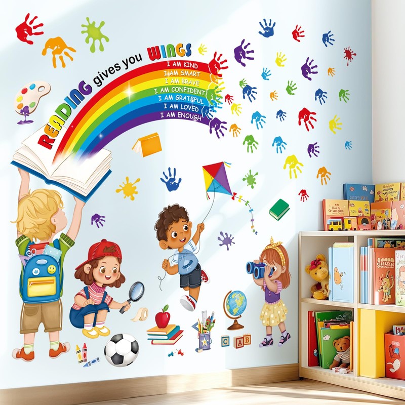 decalmile Children's Rainbow Wall Sticker, Quotes, Inspirational Learning Handprint Wall