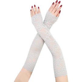 CENAST Women's Lace Arm Sleeve Elastic Sleeve Gloves Long Fingerless Mittens Sunscreen Glove Gray#12