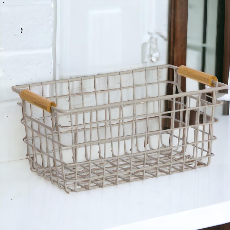 ROCKING GIFTS White Metal Basket with Wooden Handles 26cm