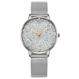 Alienwork Women's Watch Silver Metal Mesh Strap White Rhinestone Glitter Elegant