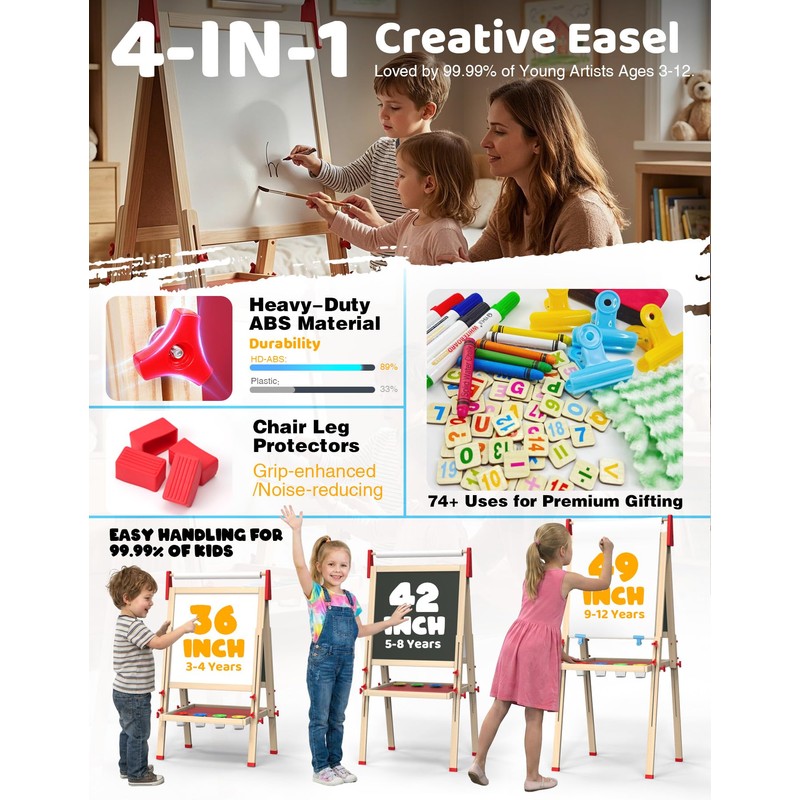 Kids Art Easel, Adjustable Wood Chalkboard, Easels for Toddlers