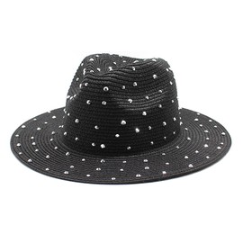 Lisianthus Womens Shiny Wide Brim Straw Panama Hat Fedora Summer Beach Sun Hat Black