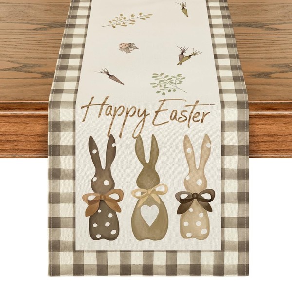 Artoid Mode Buffalo Check Rabbit Carrots Easter Table Runner, Seasonal Spring Kitchen Dining Table Decoration, Indoor, Holiday, Party Decor, 40 x 140 cm