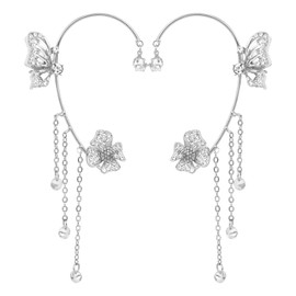 Butterfly Ear Cuffs, Rhinestone Flower Butterfly Earrings with Tassels Sparkling Crystal Ear Clip Jewelry Gift for Women Girls Party Festival Prom Accessories (Silver)