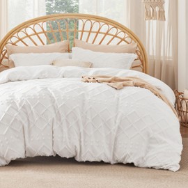Bedsure Boho Duvet Cover Queen Size with Fitted Sheet - Boho Bedding Comforter Set, 4 Pieces, Includes 1 Duvet Cover 90"x90" with Zipper Closure, 2 Pillow Shams, 1 Fitted Sheet, White