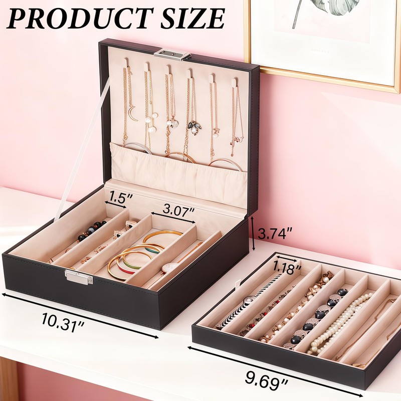 BEWISHOME Jewelry Box Organizer, 2-Layer Necklace Organizer Box, Modern Style