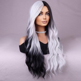 BERON Black and Silver Wigs Long Wavy Wig for Women Natural Curly Ombre Color Heat Resistant Synthetic Hair Wigs for Cosplay Party Daily or Used