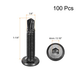 uxcell Hex Socket Self Tapping Screws, 1/4 x 1-5/8" 410 Stainless Steel Sheet Metal Flat Head Drilling Screw 100pcs, Black
