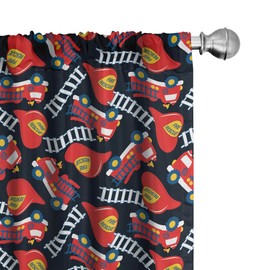 Lunarable Camión de Bomberos Cortina de Microfibra, Las Escaleras de Rescate de Dibujos Animados, Window Treatments 2 Panel Set for Living Room Bedroom Decor, 56" x 95", Multicolor