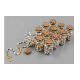 Baptism Favor (12PCS) Holy Communion Rosary in Glass Bottle Jar Recuerdos De Bautizo Quinceanera Pearl Christening Recuerdos para Primera Comunion Niño Quinceanera/Gift for Guests (White/Gold)