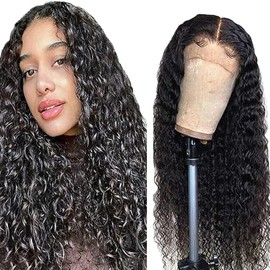 Hxxcoup Human Hair Wig Water Wave Natural Black 13 x 4 Lace Front Real Hair Wig Women's Glueless Wear and Go Blenched Knots with Baby Hair for Woman Minimal Smell 20 Inches / 51 cm
