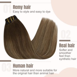 Fshine Clip-In Human Hair Extensions, Ombre, 120 g, 60 cm, Double Weft, Human Hair Extensions Clip, Balayage Hair Extension Clips, Human Hair, Dark Brown with Caramel Blonde, Full Head, 7 Pieces