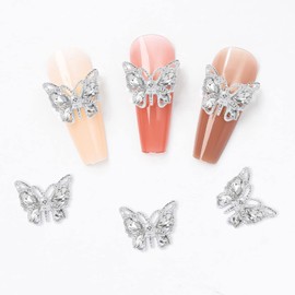 SILPECWEE 30pcs 3D Butterfly Nail Charms Rhinestone Silver Alloy Nail Art Charms Nail Butterflies Crystal Nail Gems Metal Nail Studs Nail Jewels Decorations for Acrylic Nails