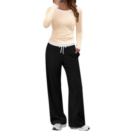 SHESHOW 2 Piece Lounge Sets for Women Fall Outfits Matching Casual Wide Leg Pants Sets Color Block Womens Cozy Loungewear Set XL