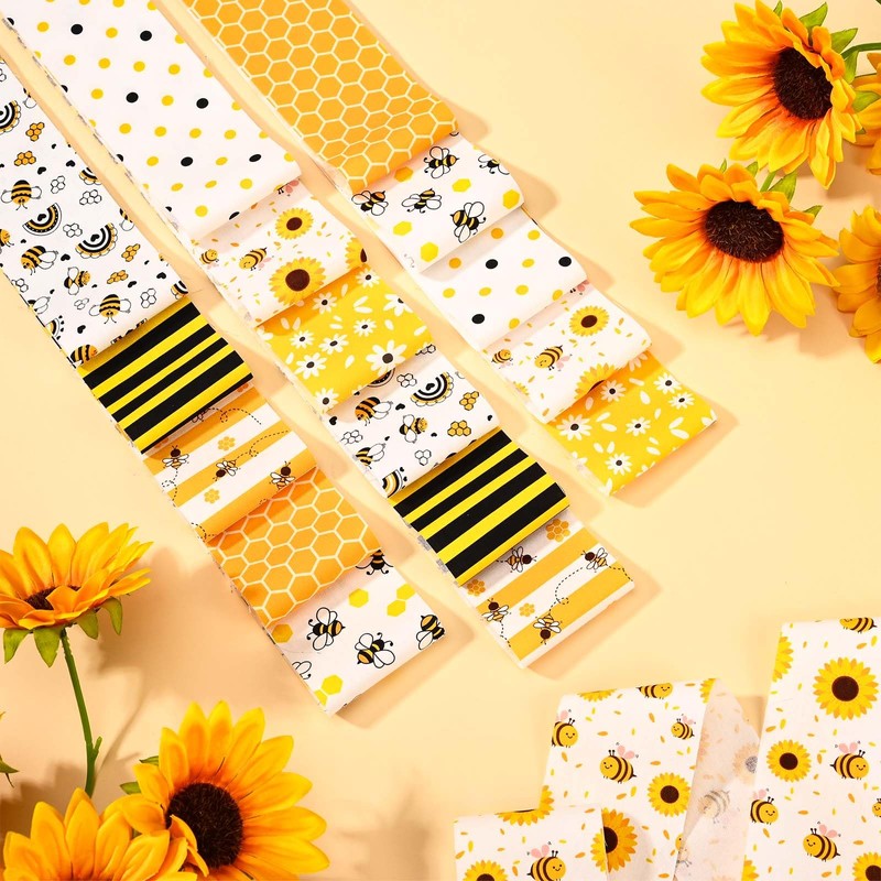 Sanixin 40 Pcs Summer Bee Floral Cotton Yellow Black Stripe